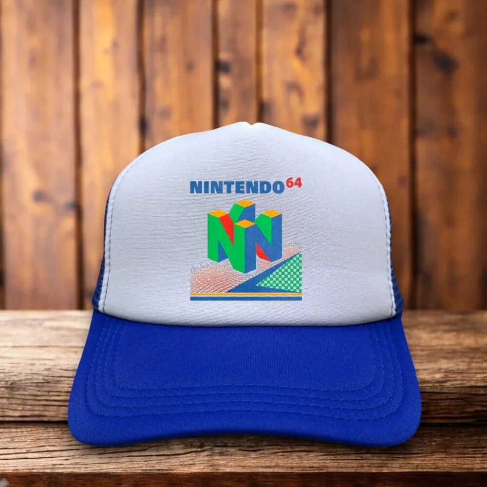 Nintendo 64 Retro Logo Mens Trucker Hat Blue Mesh 90s Video Game Baseball Cap